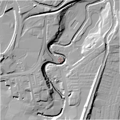 Shaded relief map of the ground around BB112RT, computed from Environment Agency LiDAR. The ground here sits at about 116 m above sea level and falls 28 m across the surrounding 800 m. Surface water reaching this point runs off ground lying to the east-north-east, 22.2 m higher.