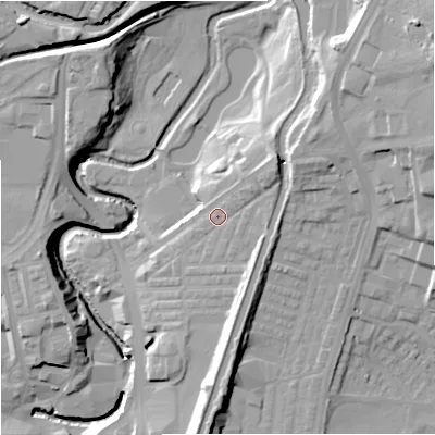 Shaded relief map of the ground around BB112RU, computed from Environment Agency LiDAR. The ground here sits at about 125 m above sea level and falls 34 m across the surrounding 800 m. Surface water reaching this point runs off ground lying to the north-east, 6.9 m higher.