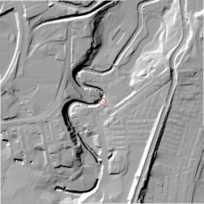 Shaded relief map of the ground around BB112RY, computed from Environment Agency LiDAR. The ground here sits at about 114 m above sea level and falls 30 m across the surrounding 800 m. Surface water reaching this point runs off ground lying to the north-east, 22.8 m higher.