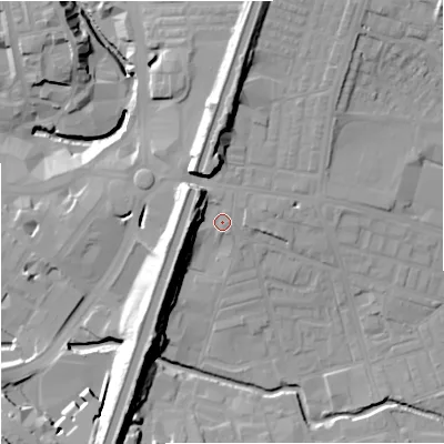 Shaded relief map of the ground around BB113AA, computed from Environment Agency LiDAR. The ground here sits at about 120 m above sea level and falls 22 m across the surrounding 800 m. Surface water reaching this point runs off ground lying to the north-west, 8.9 m higher.