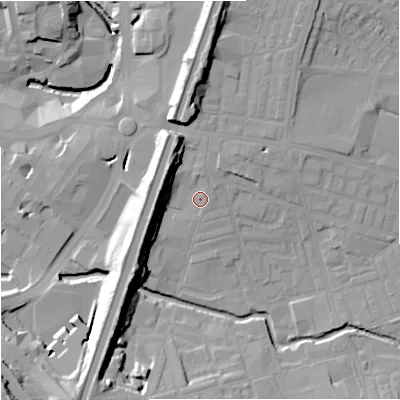 Shaded relief map of the ground around BB113AB, computed from Environment Agency LiDAR. The ground here sits at about 119 m above sea level and falls 25 m across the surrounding 800 m. Surface water reaching this point runs off ground lying to the north-north-east, 3.3 m higher.