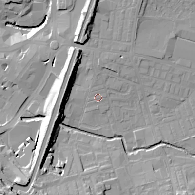 Shaded relief map of the ground around BB113AE, computed from Environment Agency LiDAR. The ground here sits at about 118 m above sea level and falls 29 m across the surrounding 800 m. Surface water reaching this point runs off ground lying to the north-east, 0.9 m higher.