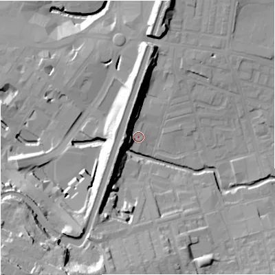 Shaded relief map of the ground around BB113AG, computed from Environment Agency LiDAR. The ground here sits at about 116 m above sea level and falls 40 m across the surrounding 800 m. Surface water reaching this point runs off ground lying to the north-north-west, 11.8 m higher.