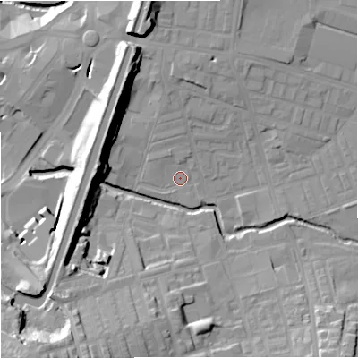 Shaded relief map of the ground around BB113AJ, computed from Environment Agency LiDAR. The ground here sits at about 116 m above sea level and falls 36 m across the surrounding 800 m. Surface water reaching this point runs off ground lying to the south-south-west, 25.3 m higher.