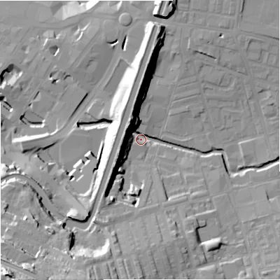 Shaded relief map of the ground around BB113AN, computed from Environment Agency LiDAR. The ground here sits at about 114 m above sea level and falls 51 m across the surrounding 800 m. Surface water reaching this point runs off ground lying to the south-south-west, 31.4 m higher.