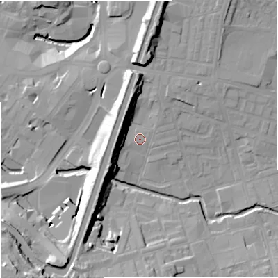 Shaded relief map of the ground around BB113AP, computed from Environment Agency LiDAR. The ground here sits at about 117 m above sea level and falls 30 m across the surrounding 800 m. Surface water reaching this point runs off ground lying to the north, 11.9 m higher.