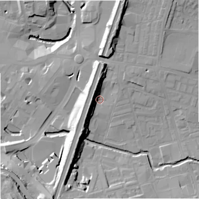Shaded relief map of the ground around BB113AQ, computed from Environment Agency LiDAR. The ground here sits at about 117 m above sea level and falls 28 m across the surrounding 800 m. Surface water reaching this point runs off ground lying to the north, 11.9 m higher.