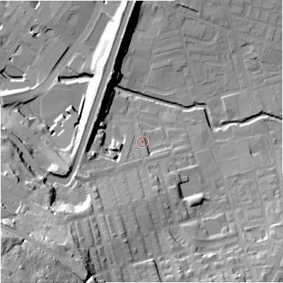 Shaded relief map of the ground around BB113AT, computed from Environment Agency LiDAR. The ground here sits at about 120 m above sea level and falls 65 m across the surrounding 800 m. Surface water reaching this point runs off ground lying to the south-south-west, 25.0 m higher.