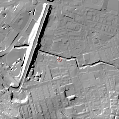 Shaded relief map of the ground around BB113AU, computed from Environment Agency LiDAR. The ground here sits at about 115 m above sea level and falls 44 m across the surrounding 800 m. Surface water reaching this point runs off ground lying to the south-south-west, 24.7 m higher.