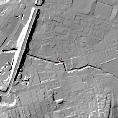Shaded relief map of the ground around BB113AZ, computed from Environment Agency LiDAR. The ground here sits at about 116 m above sea level and falls 35 m across the surrounding 800 m. Surface water reaching this point runs off ground lying to the south-south-west, 24.1 m higher.