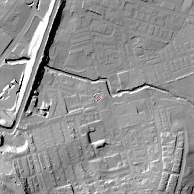 Shaded relief map of the ground around BB113BA, computed from Environment Agency LiDAR. The ground here sits at about 117 m above sea level and falls 45 m across the surrounding 800 m. Surface water reaching this point runs off ground lying to the south-west, 3.6 m higher.