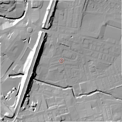 Shaded relief map of the ground around BB113BB, computed from Environment Agency LiDAR. The ground here sits at about 118 m above sea level and falls 27 m across the surrounding 800 m. Surface water reaching this point runs off ground lying to the north-north-west, 2.0 m higher.