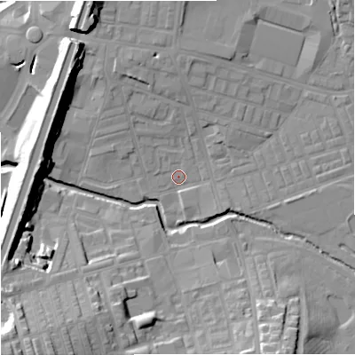 Shaded relief map of the ground around BB113BE, computed from Environment Agency LiDAR. The ground here sits at about 116 m above sea level and falls 33 m across the surrounding 800 m. Surface water reaching this point runs off ground lying to the south-west, 23.1 m higher.