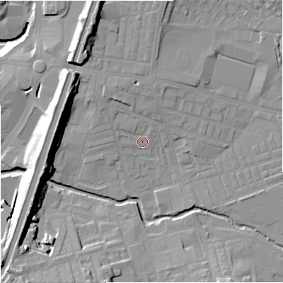 Shaded relief map of the ground around BB113BH, computed from Environment Agency LiDAR. The ground here sits at about 117 m above sea level and falls 24 m across the surrounding 800 m. Surface water reaching this point runs off ground lying to the north-west, 3.3 m higher.