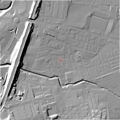 Shaded relief map of the ground around BB113BJ, computed from Environment Agency LiDAR. The ground here sits at about 117 m above sea level and falls 28 m across the surrounding 800 m. Surface water reaching this point runs off ground lying to the south-west, 23.2 m higher.