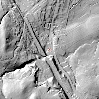Shaded relief map of the ground around BB113EA, computed from Environment Agency LiDAR. The ground here sits at about 151 m above sea level and falls 102 m across the surrounding 800 m. Surface water reaching this point runs off ground lying to the south-west, 72.0 m higher.