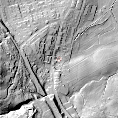 Shaded relief map of the ground around BB113EB, computed from Environment Agency LiDAR. The ground here sits at about 135 m above sea level and falls 81 m across the surrounding 800 m. Surface water reaching this point runs off ground lying to the south, 12.8 m higher.