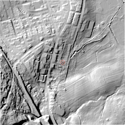 Shaded relief map of the ground around BB113EF, computed from Environment Agency LiDAR. The ground here sits at about 133 m above sea level and falls 77 m across the surrounding 800 m. Surface water reaching this point runs off ground lying to the west-south-west, 5.8 m higher.