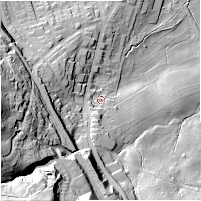 Shaded relief map of the ground around BB113EG, computed from Environment Agency LiDAR. The ground here sits at about 139 m above sea level and falls 80 m across the surrounding 800 m. Surface water reaching this point runs off ground lying to the south, 11.8 m higher.