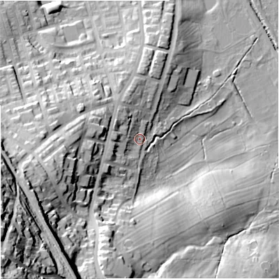 Shaded relief map of the ground around BB113EQ, computed from Environment Agency LiDAR. The ground here sits at about 130 m above sea level and falls 71 m across the surrounding 800 m. Surface water reaching this point runs off ground lying to the west-south-west, 8.0 m higher.