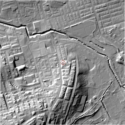 Shaded relief map of the ground around BB113ER, computed from Environment Agency LiDAR. The ground here sits at about 124 m above sea level and falls 35 m across the surrounding 800 m. Surface water reaching this point runs off ground lying to the south-south-west, 16.7 m higher.