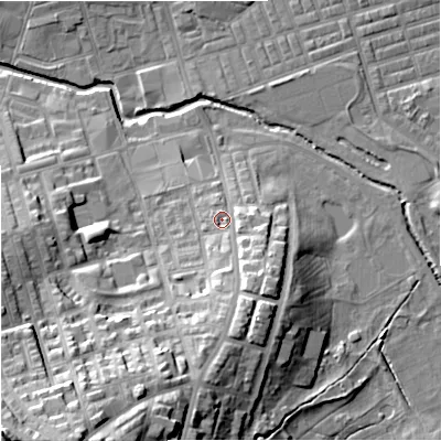 Shaded relief map of the ground around BB113ES, computed from Environment Agency LiDAR. The ground here sits at about 122 m above sea level and falls 43 m across the surrounding 800 m. Surface water reaching this point runs off ground lying to the south-south-west, 15.8 m higher.