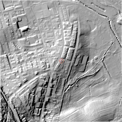 Shaded relief map of the ground around BB113EU, computed from Environment Agency LiDAR. The ground here sits at about 132 m above sea level and falls 65 m across the surrounding 800 m. Surface water reaching this point runs off ground lying to the south-west, 7.3 m higher.