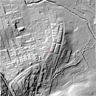 Shaded relief map of the ground around BB113EX, computed from Environment Agency LiDAR. The ground here sits at about 130 m above sea level and falls 64 m across the surrounding 800 m. Surface water reaching this point runs off ground lying to the south-south-west, 8.5 m higher.