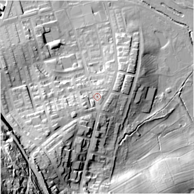 Shaded relief map of the ground around BB113HB, computed from Environment Agency LiDAR. The ground here sits at about 132 m above sea level and falls 78 m across the surrounding 800 m. Surface water reaching this point runs off ground lying to the south-west, 28.6 m higher.