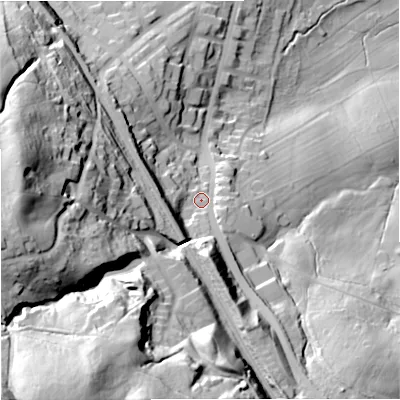 Shaded relief map of the ground around BB113HD, computed from Environment Agency LiDAR. The ground here sits at about 149 m above sea level and falls 100 m across the surrounding 800 m. Surface water reaching this point runs off ground lying to the south-west, 71.8 m higher.