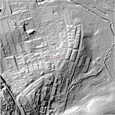Shaded relief map of the ground around BB113HG, computed from Environment Agency LiDAR. The ground here sits at about 130 m above sea level and falls 71 m across the surrounding 800 m. Surface water reaching this point runs off ground lying to the south, 3.8 m higher.