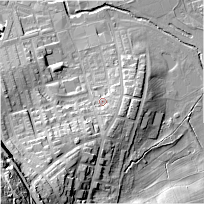 Shaded relief map of the ground around BB113HH, computed from Environment Agency LiDAR. The ground here sits at about 127 m above sea level and falls 70 m across the surrounding 800 m. Surface water reaching this point runs off ground lying to the south-south-west, 32.3 m higher.