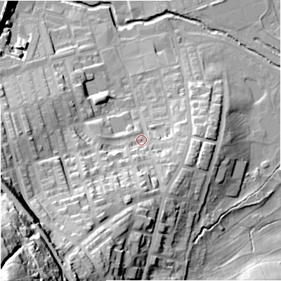 Shaded relief map of the ground around BB113HL, computed from Environment Agency LiDAR. The ground here sits at about 126 m above sea level and falls 75 m across the surrounding 800 m. Surface water reaching this point runs off ground lying to the south-south-west, 34.1 m higher.