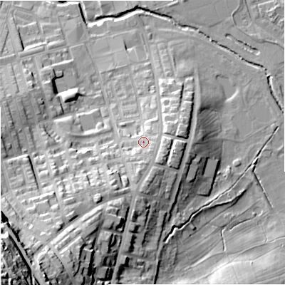 Shaded relief map of the ground around BB113HQ, computed from Environment Agency LiDAR. The ground here sits at about 128 m above sea level and falls 65 m across the surrounding 800 m. Surface water reaching this point runs off ground lying to the south, 8.7 m higher.