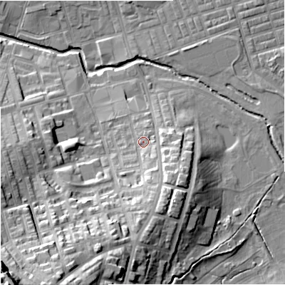 Shaded relief map of the ground around BB113HX, computed from Environment Agency LiDAR. The ground here sits at about 122 m above sea level and falls 45 m across the surrounding 800 m. Surface water reaching this point runs off ground lying to the south-south-east, 7.9 m higher.