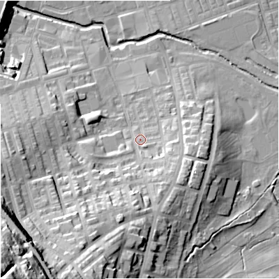 Shaded relief map of the ground around BB113JA, computed from Environment Agency LiDAR. The ground here sits at about 123 m above sea level and falls 67 m across the surrounding 800 m. Surface water reaching this point runs off ground lying to the south-south-west, 24.6 m higher.