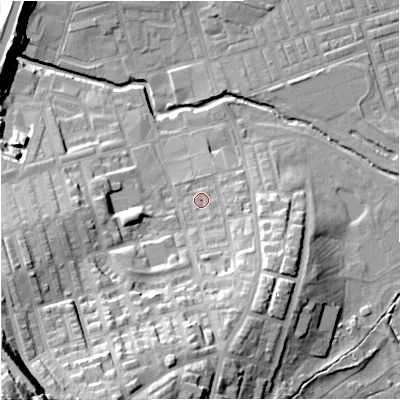Shaded relief map of the ground around BB113JN, computed from Environment Agency LiDAR. The ground here sits at about 121 m above sea level and falls 54 m across the surrounding 800 m. Surface water reaching this point runs off ground lying to the south-south-east, 9.4 m higher.