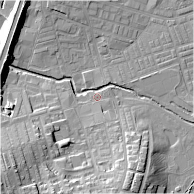 Shaded relief map of the ground around BB113JT, computed from Environment Agency LiDAR. The ground here sits at about 117 m above sea level and falls 31 m across the surrounding 800 m. Surface water reaching this point runs off ground lying to the south-west, 28.6 m higher.