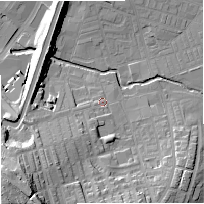 Shaded relief map of the ground around BB113JU, computed from Environment Agency LiDAR. The ground here sits at about 119 m above sea level and falls 55 m across the surrounding 800 m. Surface water reaching this point runs off ground lying to the south-south-west, 5.3 m higher.