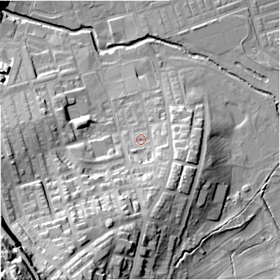 Shaded relief map of the ground around BB113JW, computed from Environment Agency LiDAR. The ground here sits at about 123 m above sea level and falls 63 m across the surrounding 800 m. Surface water reaching this point runs off ground lying to the south, 11.8 m higher.