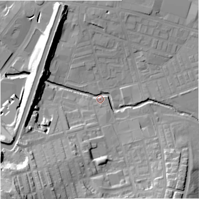 Shaded relief map of the ground around BB113TA, computed from Environment Agency LiDAR. The ground here sits at about 116 m above sea level and falls 40 m across the surrounding 800 m. Surface water reaching this point runs off ground lying to the south-south-west, 24.1 m higher.