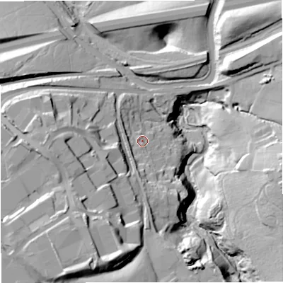 Shaded relief map of the ground around BB115QE, computed from Environment Agency LiDAR. The ground here sits at about 131 m above sea level and falls 47 m across the surrounding 800 m. Surface water reaching this point runs off ground lying to the south-west, 5.6 m higher.