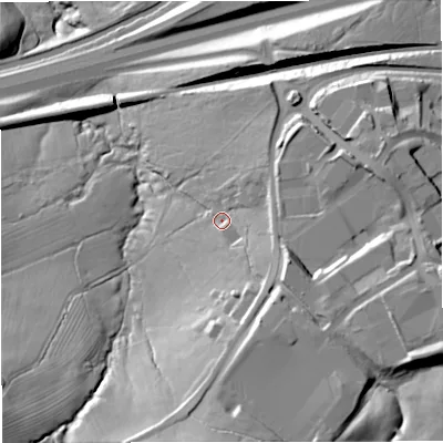 Shaded relief map of the ground around BB115QH, computed from Environment Agency LiDAR. The ground here sits at about 141 m above sea level and falls 47 m across the surrounding 800 m. Surface water reaching this point runs off ground lying to the south, 22.5 m higher.