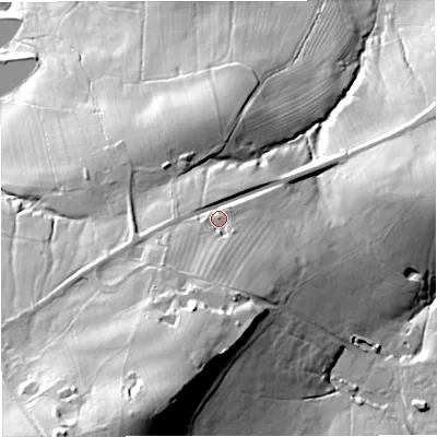 Shaded relief map of the ground around BB115QJ, computed from Environment Agency LiDAR. The ground here sits at about 175 m above sea level and falls 66 m across the surrounding 800 m. Surface water reaching this point runs off ground lying to the south-south-west, 31.7 m higher.