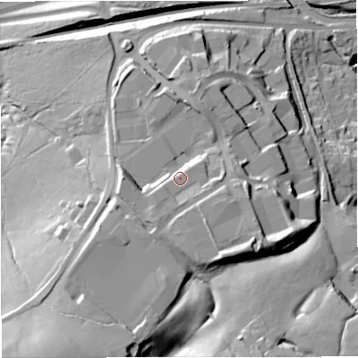 Shaded relief map of the ground around BB115ST, computed from Environment Agency LiDAR. The ground here sits at about 154 m above sea level and falls 51 m across the surrounding 800 m. Surface water reaching this point runs off ground lying to the south-west, 5.9 m higher.