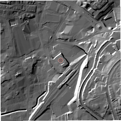 Shaded relief map of the ground around BB11AF, computed from Environment Agency LiDAR. The ground here sits at about 113 m above sea level and falls 41 m across the surrounding 800 m. Surface water reaching this point runs off ground lying to the east-south-east, 2.1 m higher.