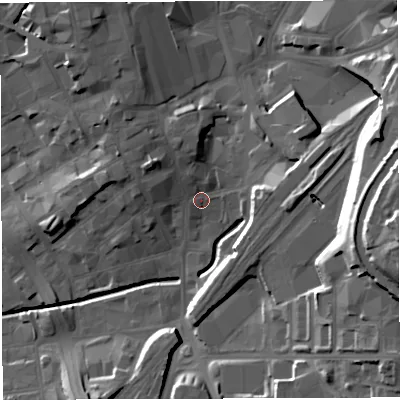 Shaded relief map of the ground around BB11EP, computed from Environment Agency LiDAR. The ground here sits at about 108 m above sea level and falls 32 m across the surrounding 800 m. Surface water reaching this point runs off ground lying to the north-west, 6.9 m higher.