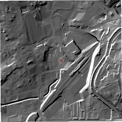 Shaded relief map of the ground around BB11FB, computed from Environment Agency LiDAR. The ground here sits at about 110 m above sea level and falls 37 m across the surrounding 800 m. Surface water reaching this point runs off ground lying to the east-south-east, 7.7 m higher.