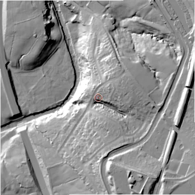 Shaded relief map of the ground around BB120EB, computed from Environment Agency LiDAR. The ground here sits at about 121 m above sea level and falls 50 m across the surrounding 800 m. Surface water reaching this point runs off ground lying to the east-north-east, 16.5 m higher.