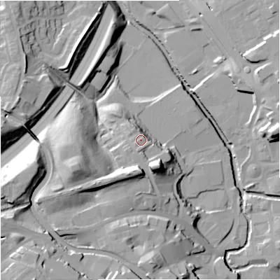 Shaded relief map of the ground around BB120RA, computed from Environment Agency LiDAR. The ground here sits at about 119 m above sea level and falls 44 m across the surrounding 800 m. Surface water reaching this point runs off ground lying to the south-south-west, 8.1 m higher.